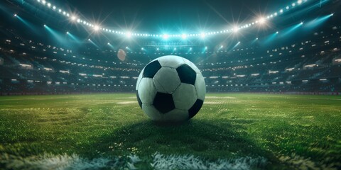 Fototapeta premium Cinematic photo of football ball placed on green lush soccer stadium illuminated by spotlight in evening.