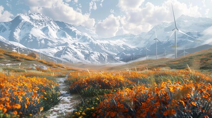 A stunning landscape with a path leading through a field of orange wildflowers towards snowy mountains and wind turbines.