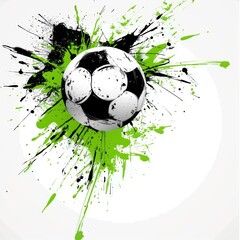 Dynamic soccer ball with classic black and white pentagonal pattern in green-black splashes against clean white background.