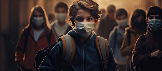 High school students wearing masks with copy space image on their way back.