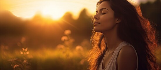 A young Latina woman with her hand on her chest relaxes in a stunning garden at sunset, enjoying fresh air and meditating during her morning exercise routine, with her eyes closed