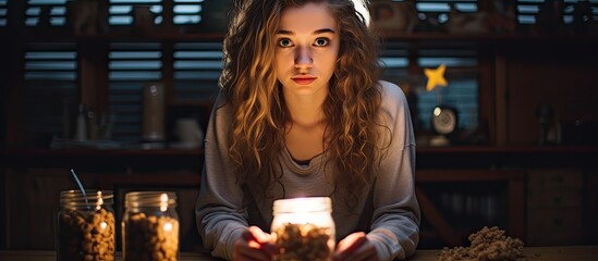 At night, a student girl is seen hands-on coffee cup and snack bar, with a dark background for copy space image.