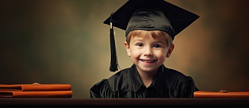 A cheerful schoolboy wearing green glasses and an orange uniform poses against a chalkboard background, creating a vibrant image with copy space.