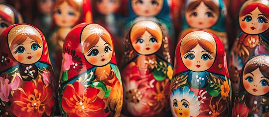 Fototapeta premium Creating a matryoshka doll painting involves intricate craft skills and artistic creativity, resulting in a beautiful piece of art with copy space image.
