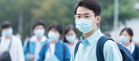 Asian high school student, wearing a face mask, sits at a classroom table, writing notes or taking a test with sanitizer nearby; with copy space image.