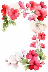 Fototapeta premium geranium themed frame or border for photos . with clusters of red, pink, and white blooms. watercolor illustration, white color background. 