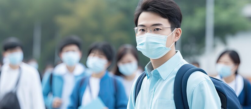 Asian high school student, wearing a face mask, sits at a classroom table, writing notes or taking a test with sanitizer nearby; with copy space image. - Powered by Adobe