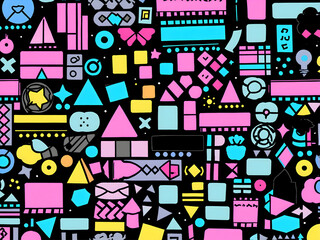 Seamless pattern of neon geometric shapes on a black background