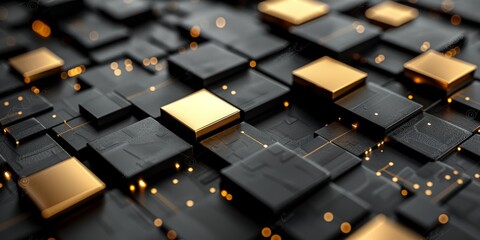 Fototapeta premium A 3D rendering showcases abstract gold and black square patterns, ideal for sophisticated and modern designs