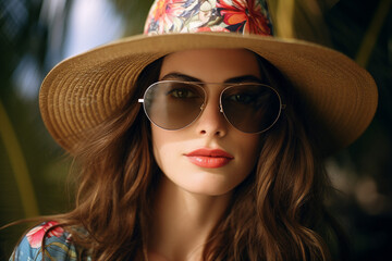 Fototapeta premium Generative AI image of charming attractive lovely tourist woman relaxing at the tropical beach