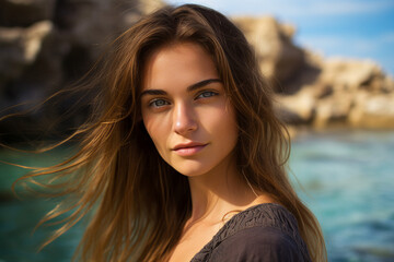 Fototapeta premium Generative AI image of smiling tourist at the beach enjoying sunny weather near the ocean natural and relaxed lifestyle