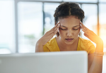 Stress headache, laptop and woman in office, exhausted with 404 error, pain or web mistake. Frustrated, fatigue and tired girl with burnout, anxiety and deadline for time management crisis at desk