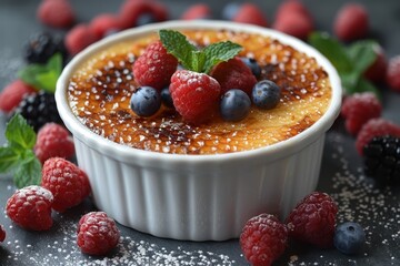 Creme Brulee with a perfectly caramelized sugar crust. Served in a white ramekin with fresh berries and mint leaves on the side. --ar 3:2 --style raw --stylize 750 Job ID: fa4f6574-bdb8-4b8c-97fe-8ce3