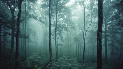 A misty forest enveloped in morning fog with ancient trees standing sentinel, Symbolizing tranquility and exploration