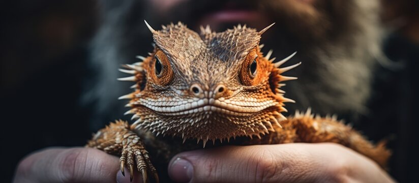 A charming Rankin's Dragon lizard is ready to walk on its owner's hand in a photograph with selective focus emphasizing the copy space image.