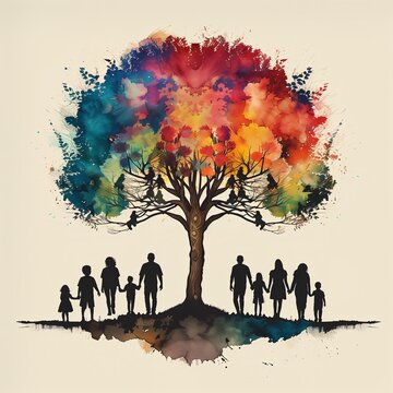 a colorful family tree with many silhouettes of people inside