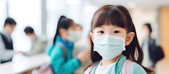 Asian girl having her body temperature measured and wearing a face mask in preparation to return to school for the health check-up, with a copy space image.