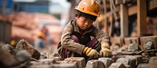 A poignant World Day Against Child Labour concept featuring a young disadvantaged boy toiling on a construction site with copy space image.