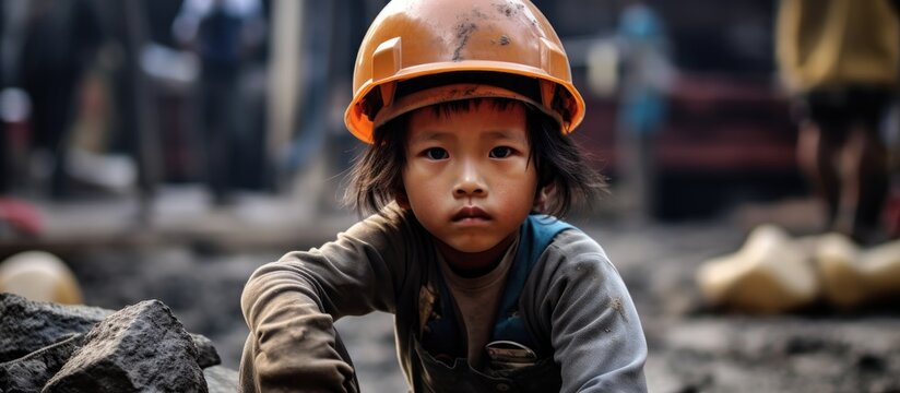 A poignant World Day Against Child Labour concept featuring a young disadvantaged boy toiling on a construction site with copy space image.