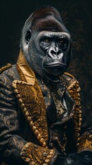 Gorilla wears elegant 1800s fashion, black background.