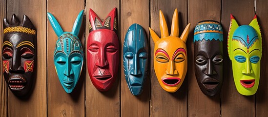 Artisan handcrafted wooden mask with intricate decorations, perfect for displaying in a cultural exhibit or as a centerpiece in a gallery, with ample copy space image.
