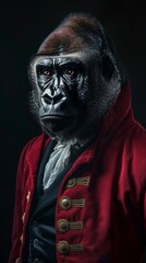 Gorilla wears elegant 1800s fashion, black background.