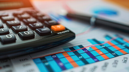 A calculator and financial charts on an office desk, with a laptop in the background, displaying graphs of growth data.