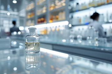 An elegant, polished glass worktable in the foreground with a blurred background of a high-end perfume laboratory. 