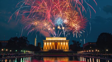 Fireworks Over Lincoln Memorial Reflecting Pool