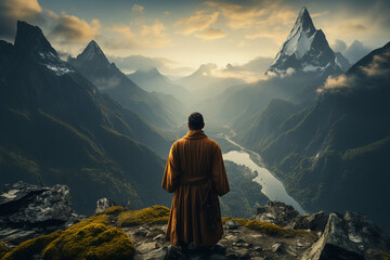 Fototapeta premium Created with generative AI image rear view of person finding inner peace meditating in mountains early morning