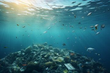 Naklejka premium Created with generative AI image of ecological pollution garbage in the sea