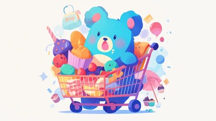 Obraz premium In a modern flat design a cute water blue mascot is seen holding a deliciously colorful cupcake while pushing a market shopping cart against a white background