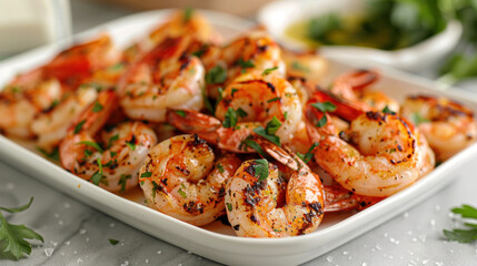 Enjoy grilled shrimp arranged neatly on a white serving platter