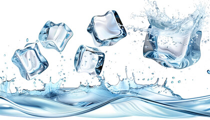 Water wave splashes with ice cubes. Isolated realistic crystal blocks, transparent pieces on white background