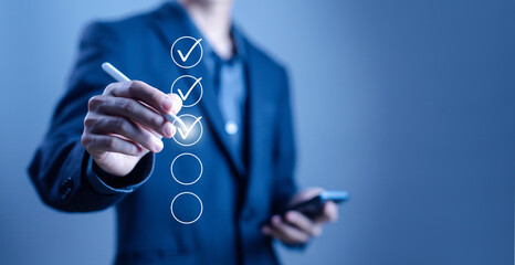 tick the checkmark in the survey item, and tick mark evaluation in the options check form online. concept of task audit in a list of documents, checklist, process order, detail business verify task © VRVIRUS