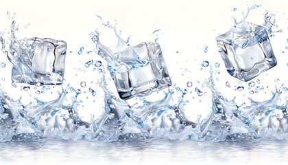 Obraz premium Water wave splashes with ice cubes. Isolated realistic crystal blocks, transparent pieces on white background