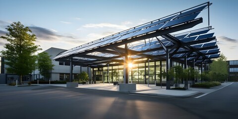 Industrial complex with green buildings and solar panelcovered parking canopies showcase renewable energy. Concept Green Buildings, Renewable Energy, Solar Panels, Parking Canopies