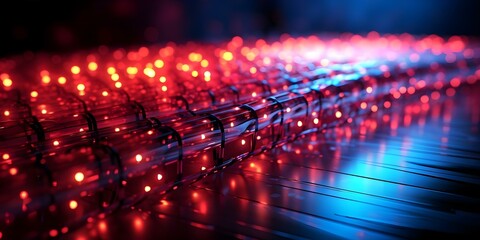 Fototapeta premium Glowing red and blue pixelated binary code encryption in digital data stream. Concept Digital Data Encryption, Red & Blue Glowing Pixels, Binary Code Encryption, Data Stream Visuals