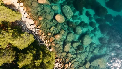 Tableau sur plexiglas  Nature Photography, From the sky looking down above the water, Shallow calm clear water over rocky lake bed  © Nicolas