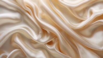 Obraz premium Silk fabric background, creamy waves texture. Beige milky material shiny and smoothy curves. No tiling pattern satin elegant drapery 