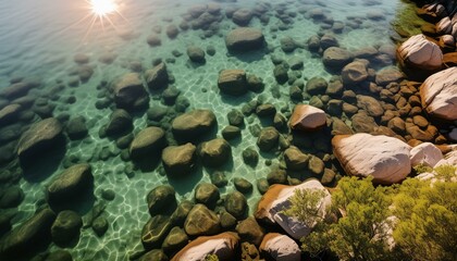 Nature Photography, From the sky looking down above the water, Shallow calm clear water over rocky lake bed