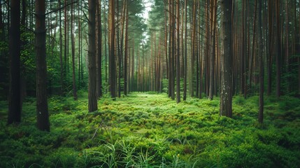 Obraz premium Forest densely packed with adjacent trees, tall grass blades stretching towards the sky, a sanctuary of greenery in raw style