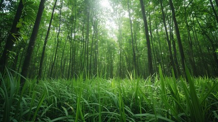 Obraz premium Forest densely packed with adjacent trees, tall grass blades stretching towards the sky, a sanctuary of greenery in raw style
