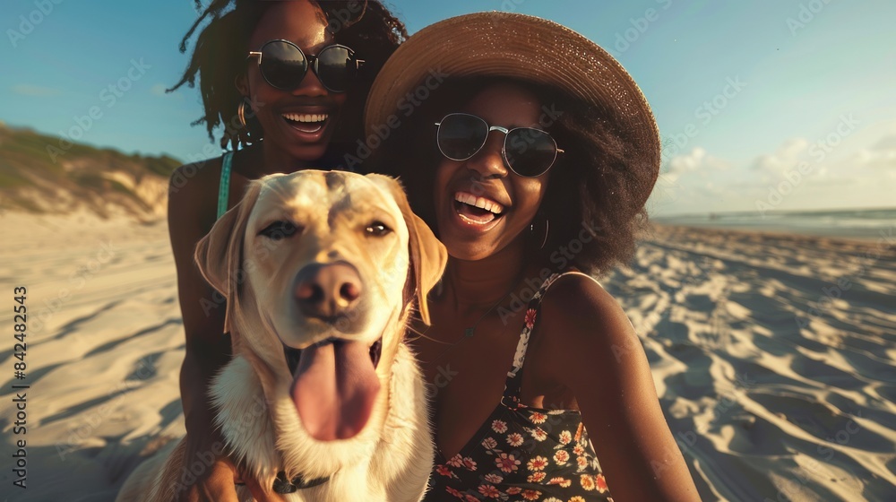 Wall mural authentic portrait of black women resting on beach with dog, facial expression with bold positive emotions, African-American female friends laughs, grained photo in 90s style, AI generate image