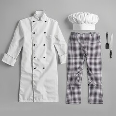 A chef's uniform set with a classic white jacket, checkered pants, and traditional toque blanche. Job ID: 5504ec3f-6d5c-4a94-89be-1a656590a484