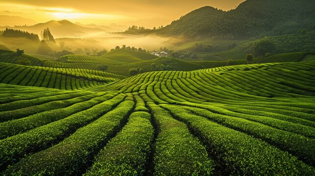 A vast expanse of lush green tea fields bathed in the golden light of sunrise.