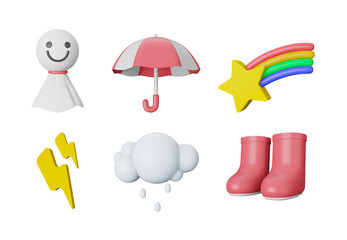 3d illustration rainy weather icons set on transparent background
