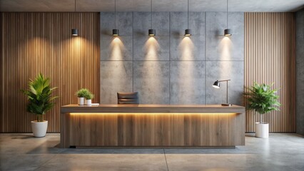 Modern wooden desk stands against a sleek concrete wall in a minimalist corporate reception area, illuminated by soft lighting, evoking a sense of professional sophistication.