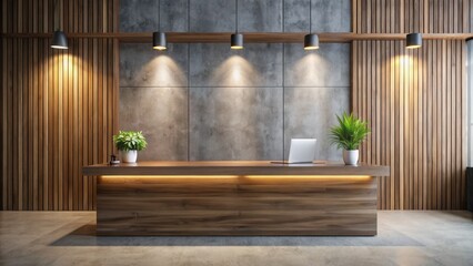 Modern wooden desk stands against a sleek concrete wall in a minimalist corporate reception area, illuminated by soft lighting, evoking a sense of professional sophistication.