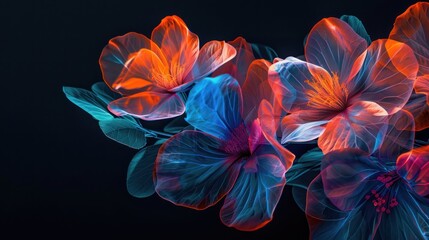 Flowers neon blue and red silhouettes on black background, blooming plants in style of heat map, AI generated image